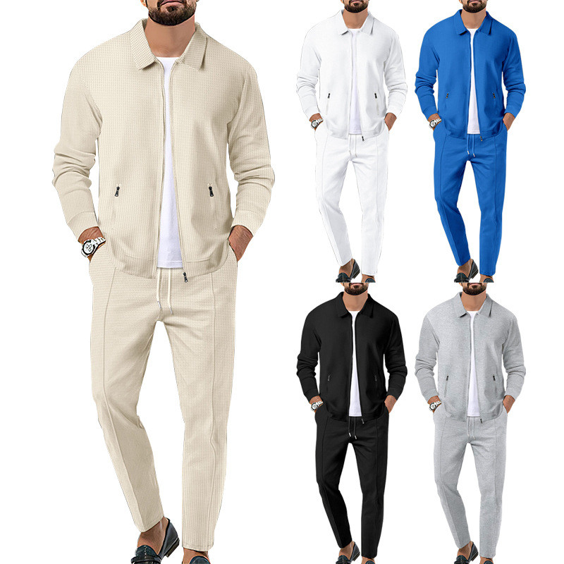 ensemble Sport vêtements d'extérieur hommes gaufré fermeture éclair poche revers coupe ajustée hommes veste ensemble
