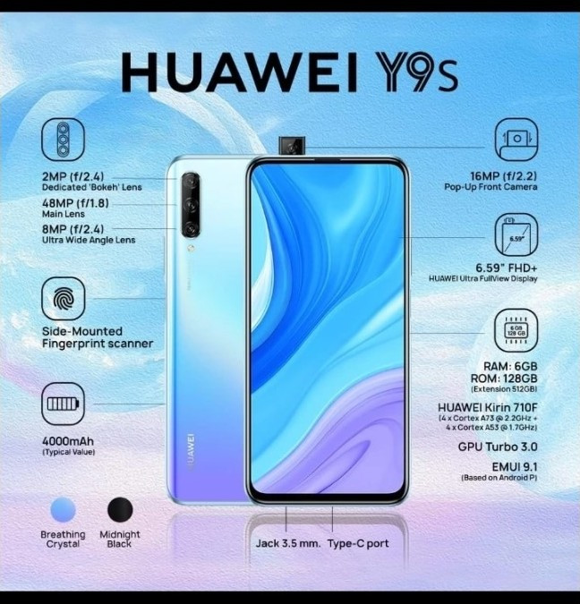 Huawei Y9s Smartphone, 4G LTE, 48 MP Triple Camera - Midnight Black | Y9s